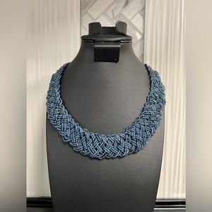Vintage Braided Glass Seed Bead Collar Necklace Iridescent Blue
